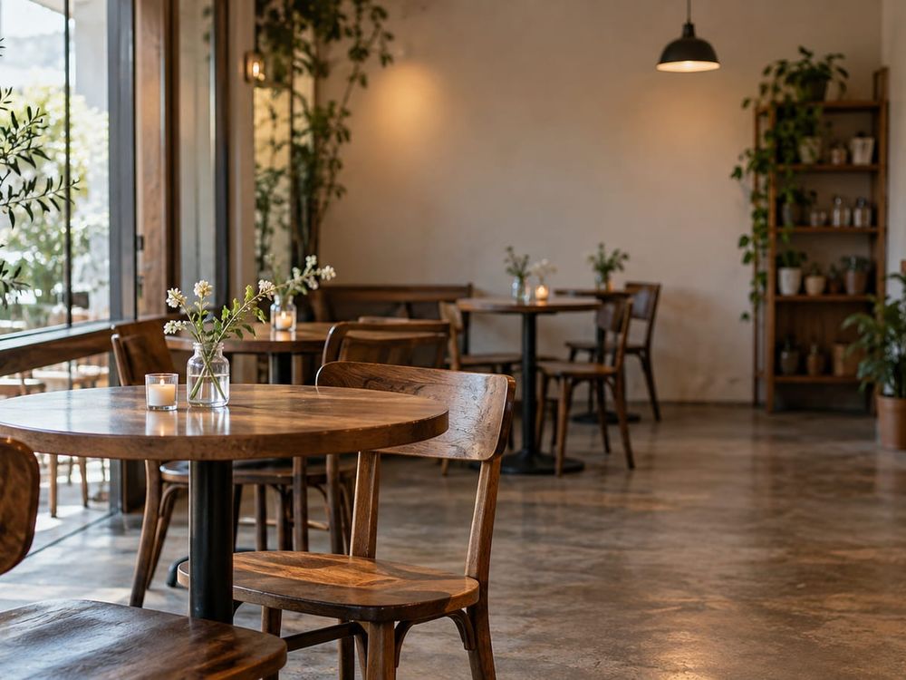 Our showroom with wooden tables and plants