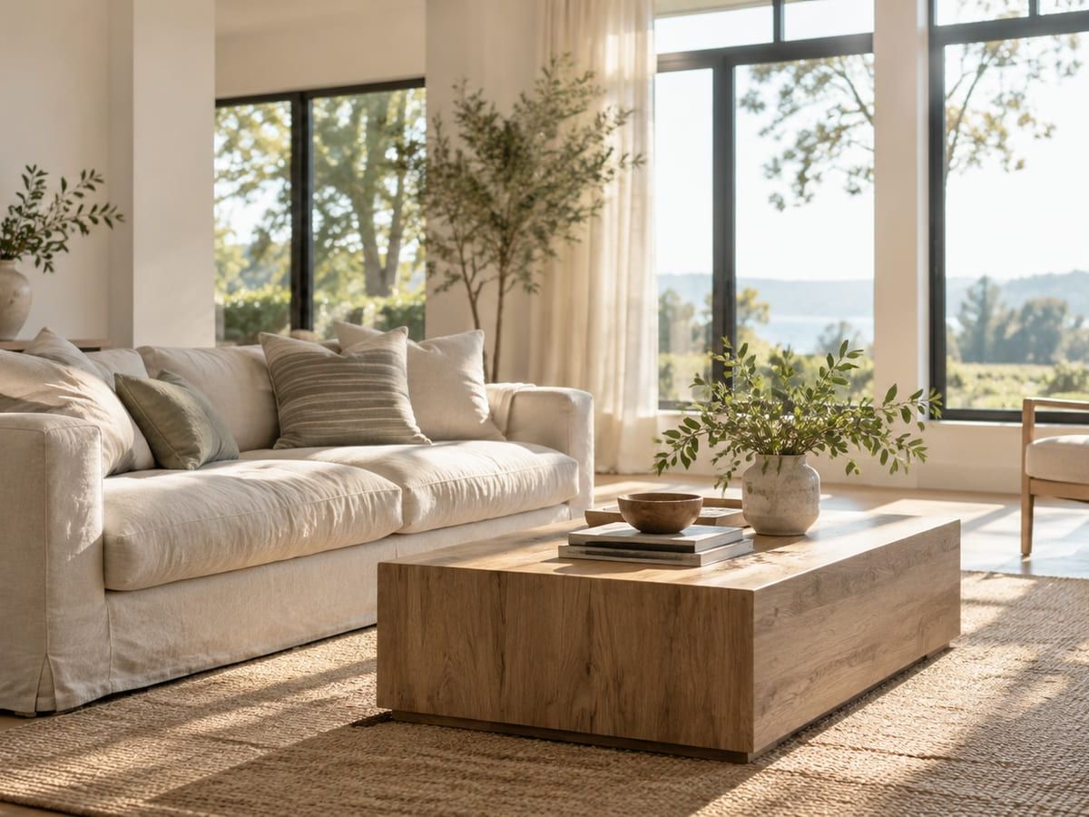 Bright living room with a linen sofa and an oak coffee table