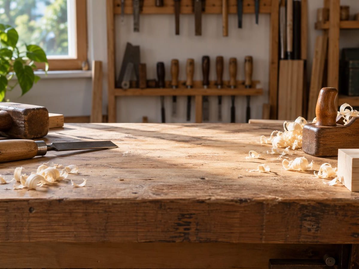 Woodworking bench with hand tools and fresh shavings